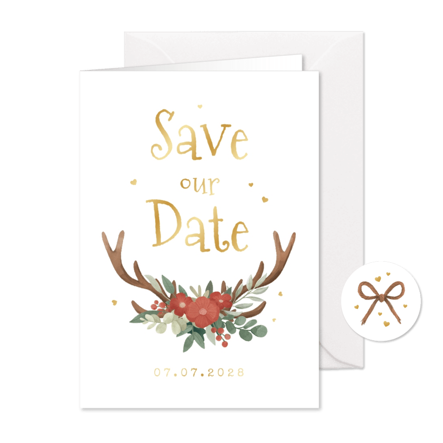 Save-our-Date-Karte Hochzeit Tracht, Blumen & Geweih - Karteneindruck
