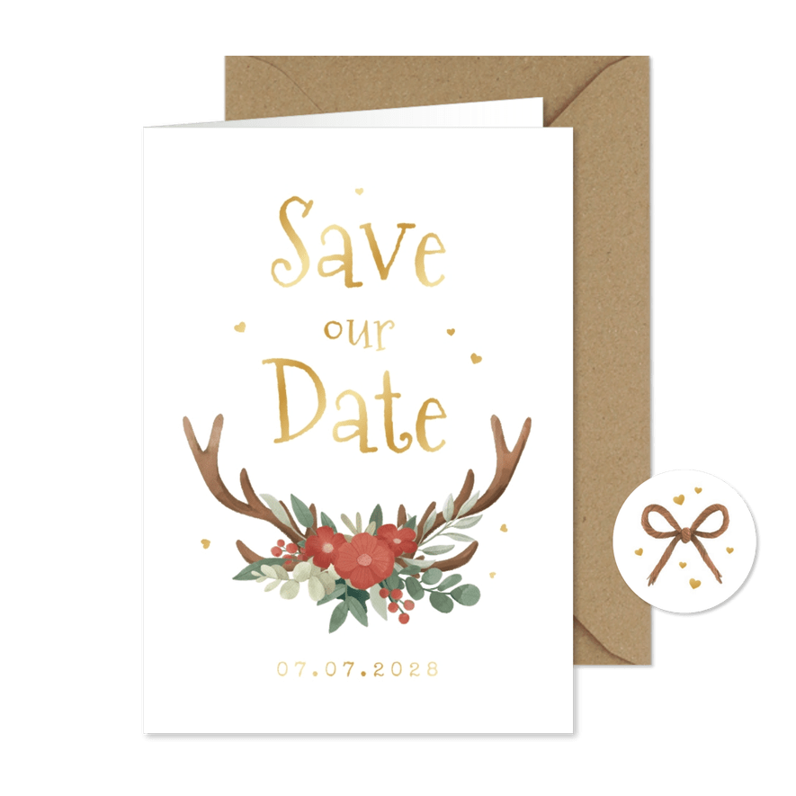Save-our-Date-Karte Hochzeit Tracht, Blumen & Geweih - Karteneindruck