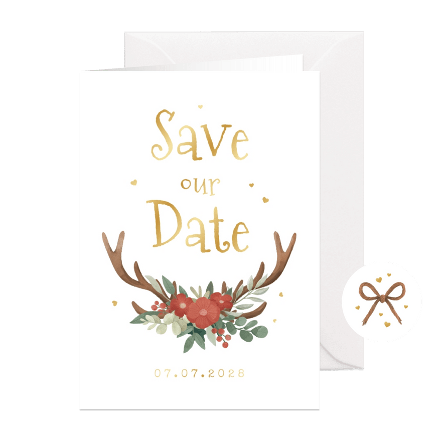 Save-our-Date-Karte Hochzeit Tracht, Blumen & Geweih - Karteneindruck
