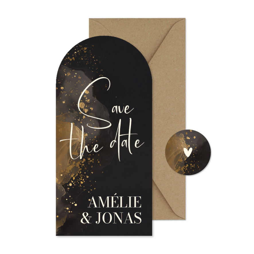 Save the Date Bogenkarte Wasserfarbe Grau Gold - Karteneindruck
