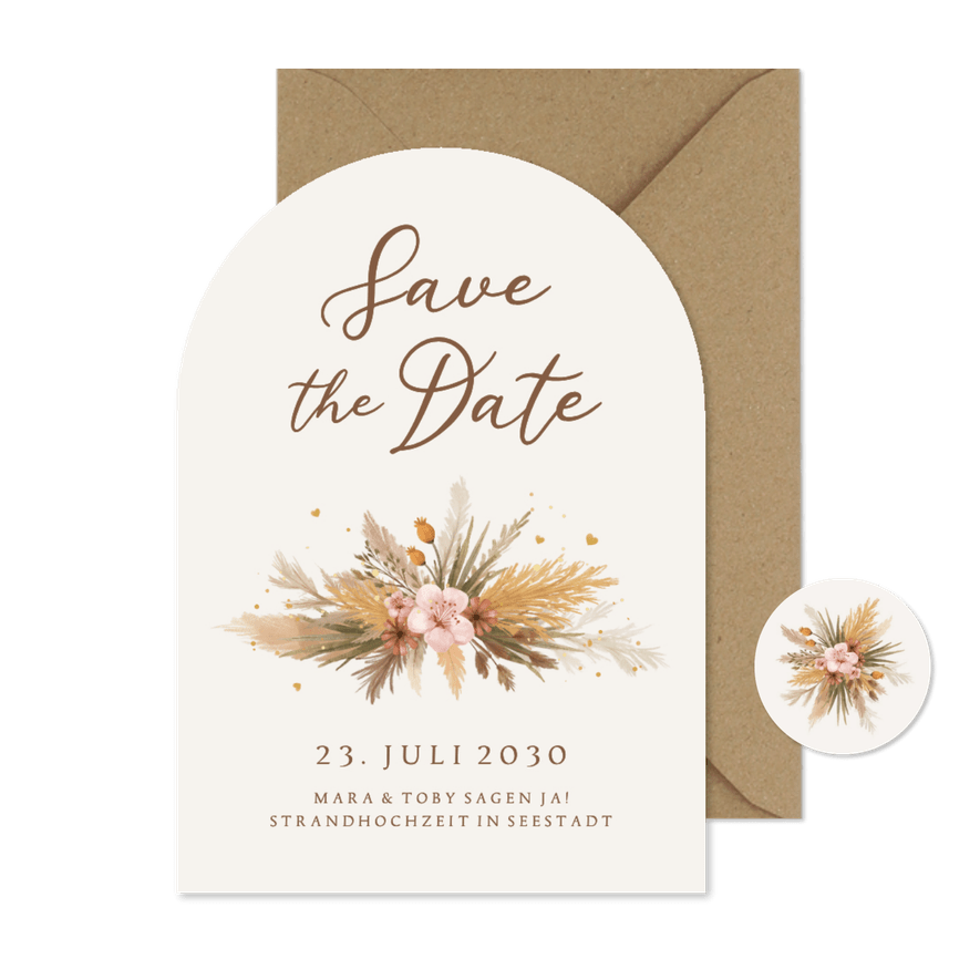 Save the Date Boho-Hochzeit Trockenblumenstrauß Bogenform - Karteneindruck
