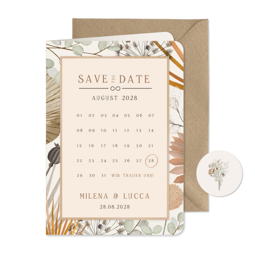 Save-the-date Hochzeit Trockenblumen - Karteneindruck
