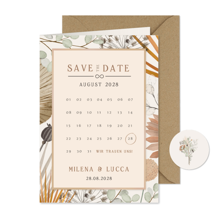 Save-the-date Hochzeit Trockenblumen - Karteneindruck