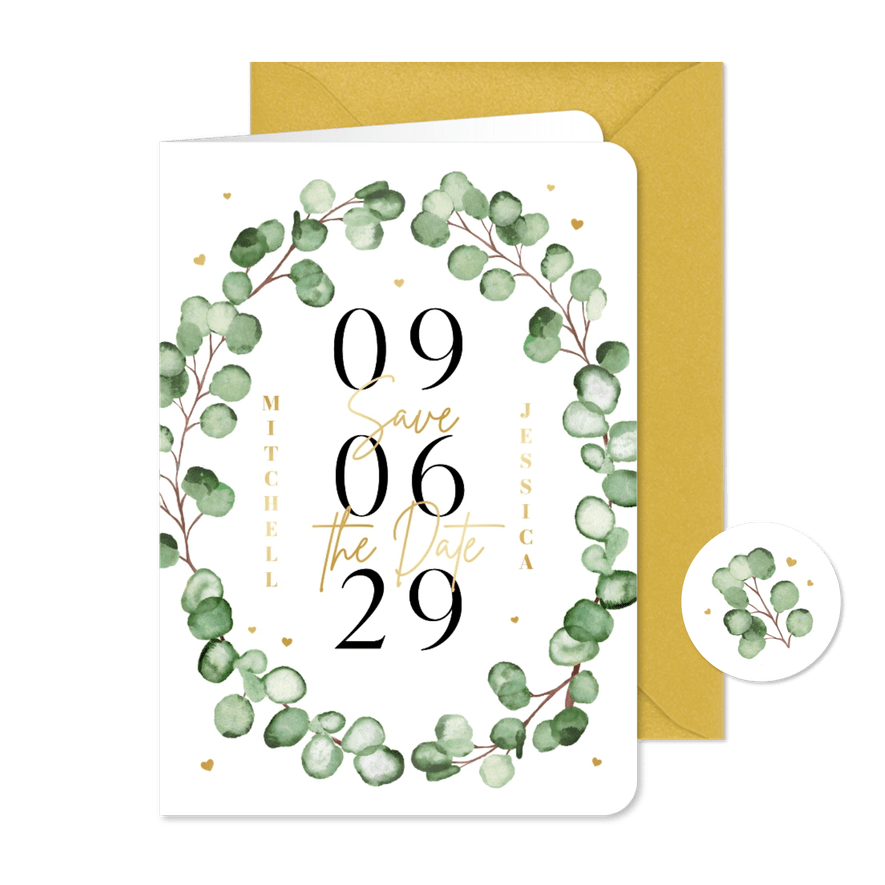 Save-the-Date-Hochzeitskarte Eukalyptuskranz Aquarell - Karteneindruck
