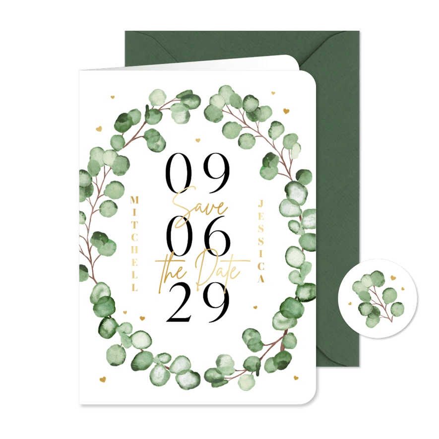 Save-the-Date-Hochzeitskarte Eukalyptuskranz Aquarell - Kartenvorschau