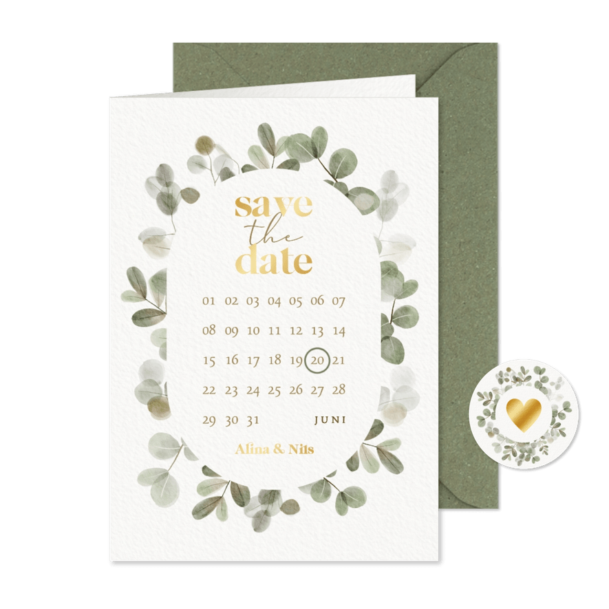 Save-the-Date-Hochzeitskarte Gold & Eukalyptuskranz - Karteneindruck