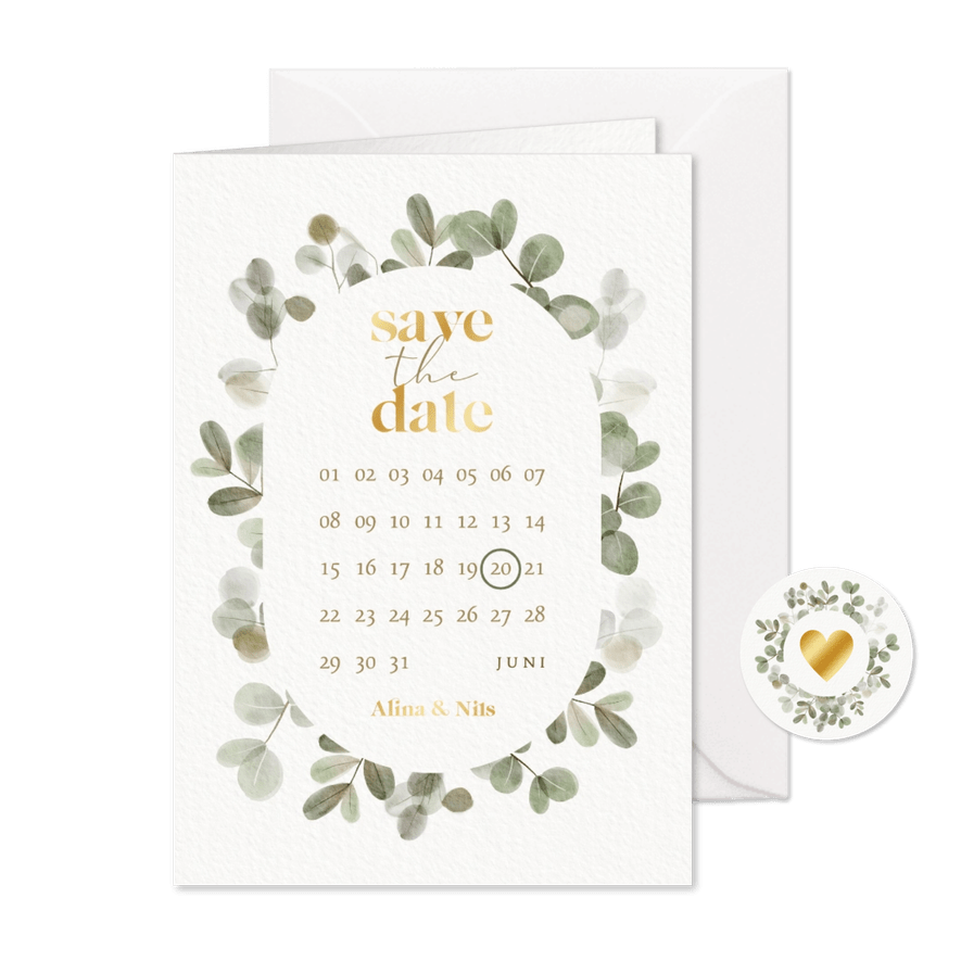 Save-the-Date-Hochzeitskarte Gold & Eukalyptuskranz - Karteneindruck
