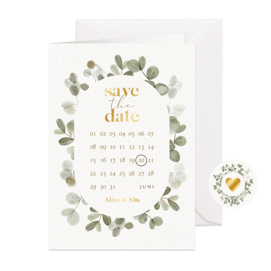 Save-the-Date-Hochzeitskarte Gold & Eukalyptuskranz - Karteneindruck
