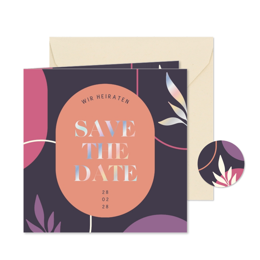 Save-the-Date-Hochzeitskarte holografischer Schriftzug - Karteneindruck