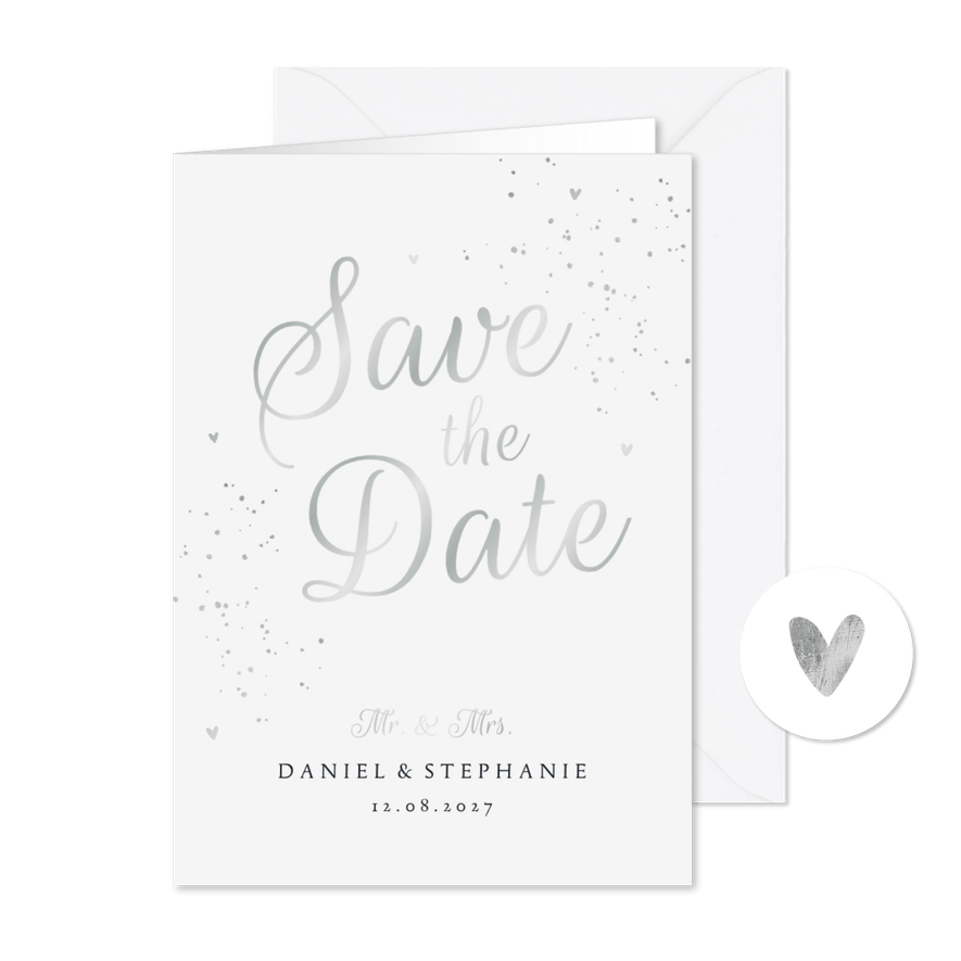 Save-the-Date-Hochzeitskarte Silberschrift - Kartenvorschau