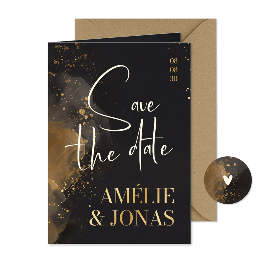 Save the Date Hochzeitskarte Wasserfarbe Grau Gold - Karteneindruck
