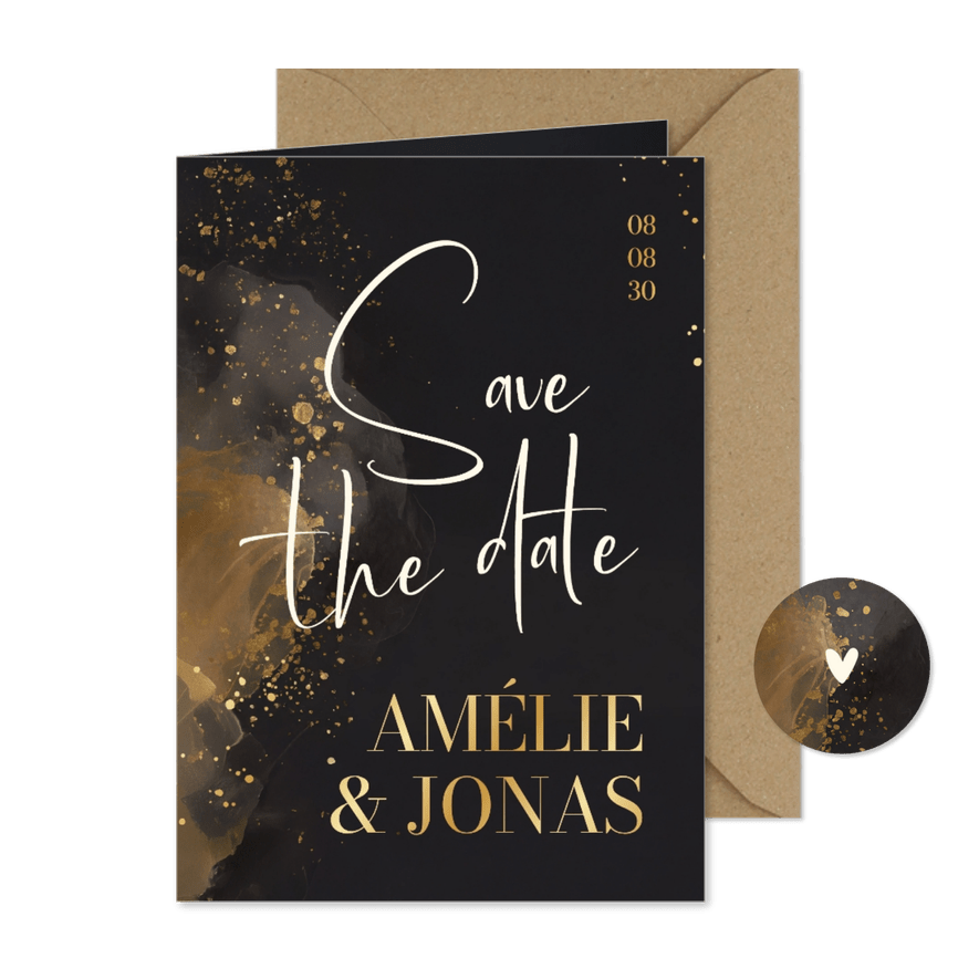 Save the Date Hochzeitskarte Wasserfarbe Grau Gold - Karteneindruck