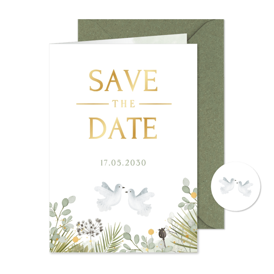 Save the Date Hochzeitskarte zwei weiße Tauben grüne Zweige - Kartenvorschau
