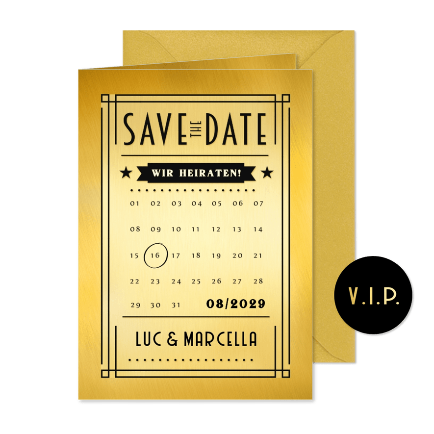 Save-The-Date-Karte Artdeco-Look Gold - Karteneindruck