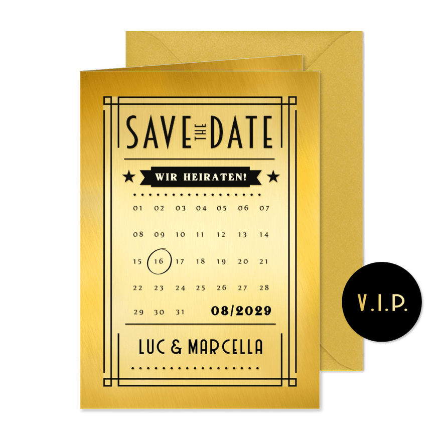 Save-The-Date-Karte Artdeco-Look Gold - Karteneindruck
