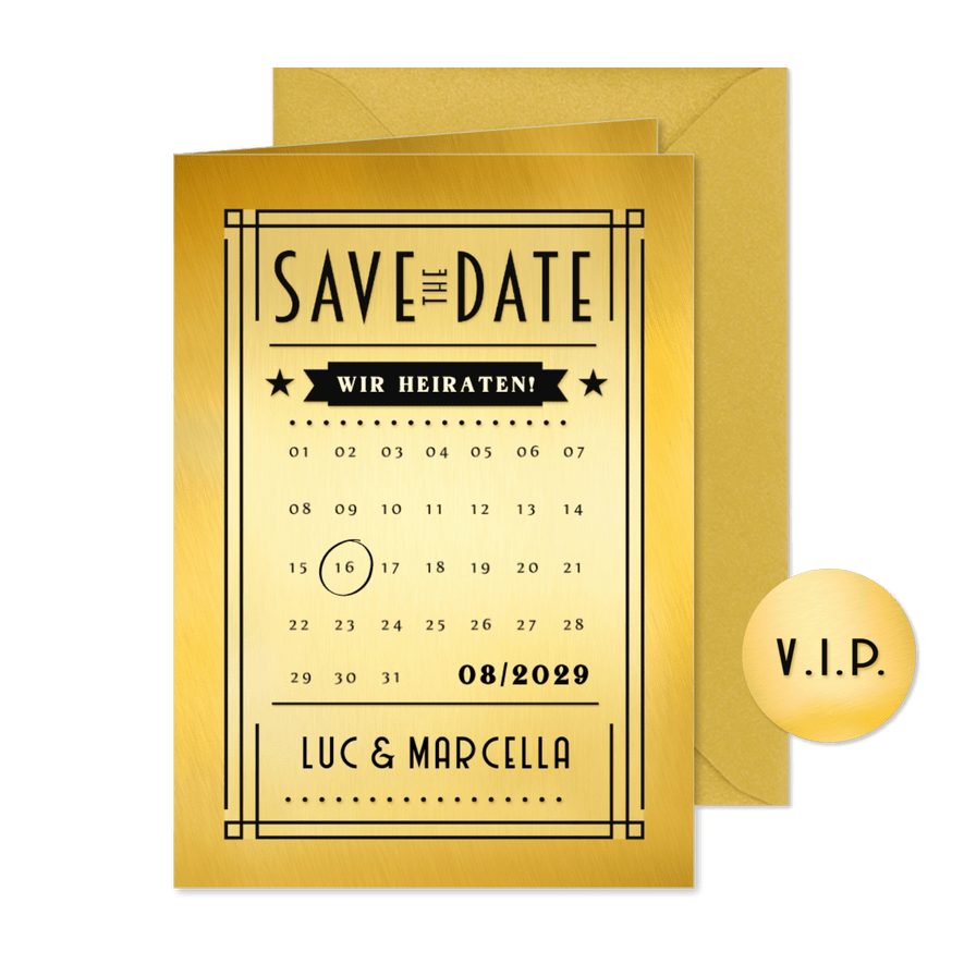 Save-The-Date-Karte Artdeco-Look Gold - Karteneindruck
