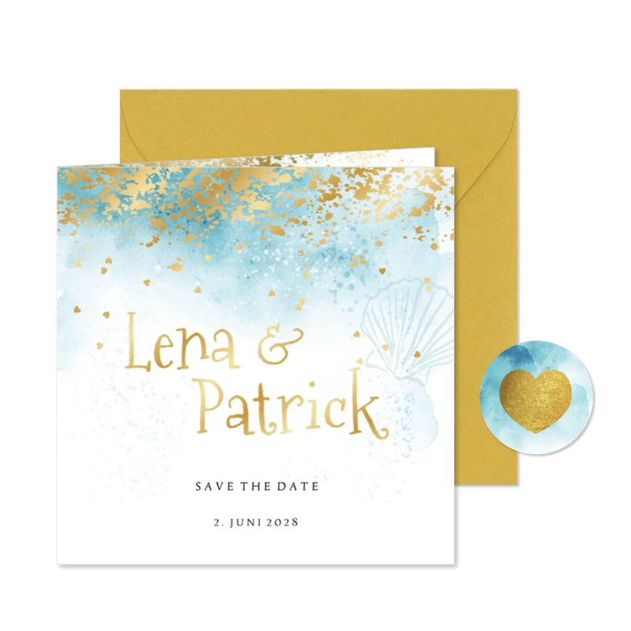 Save-the-Date-Karte Beachlook & Gold - Kartenvorschau