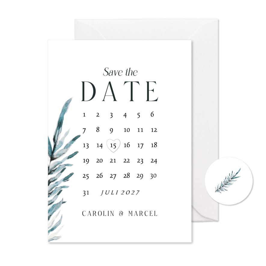 Save-the-Date-Karte Blatt Aquarell blaugrün mit Kalender  - Karteneindruck
