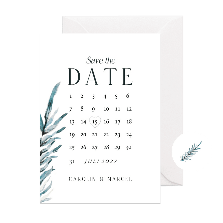 Save-the-Date-Karte Blatt Aquarell blaugrün mit Kalender  - Karteneindruck
