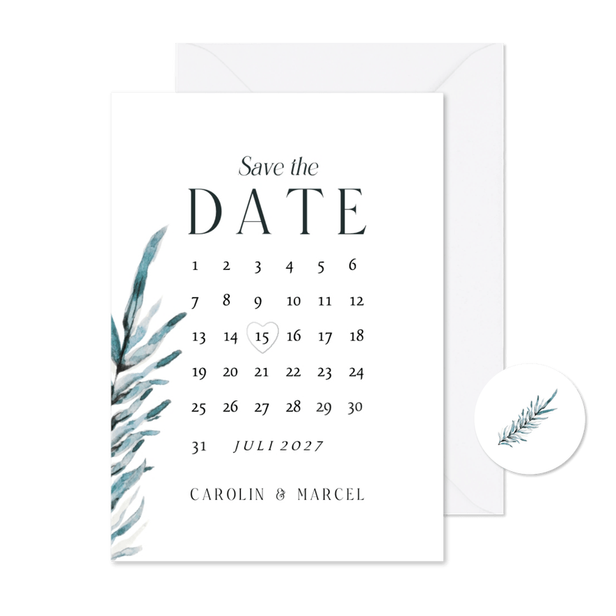 Save-the-Date-Karte Blatt Aquarell blaugrün mit Kalender - Karteneindruck