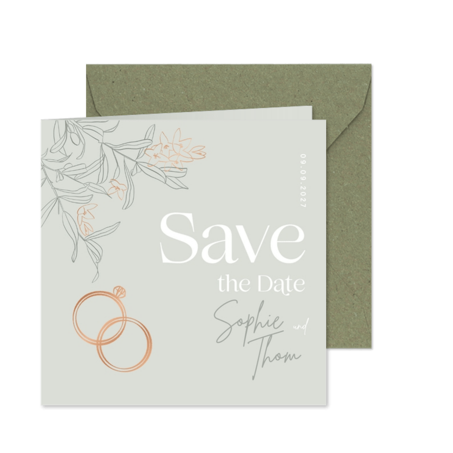 Save-the-Date-Karte Blüten & Ringe kupfer - Karteneindruck