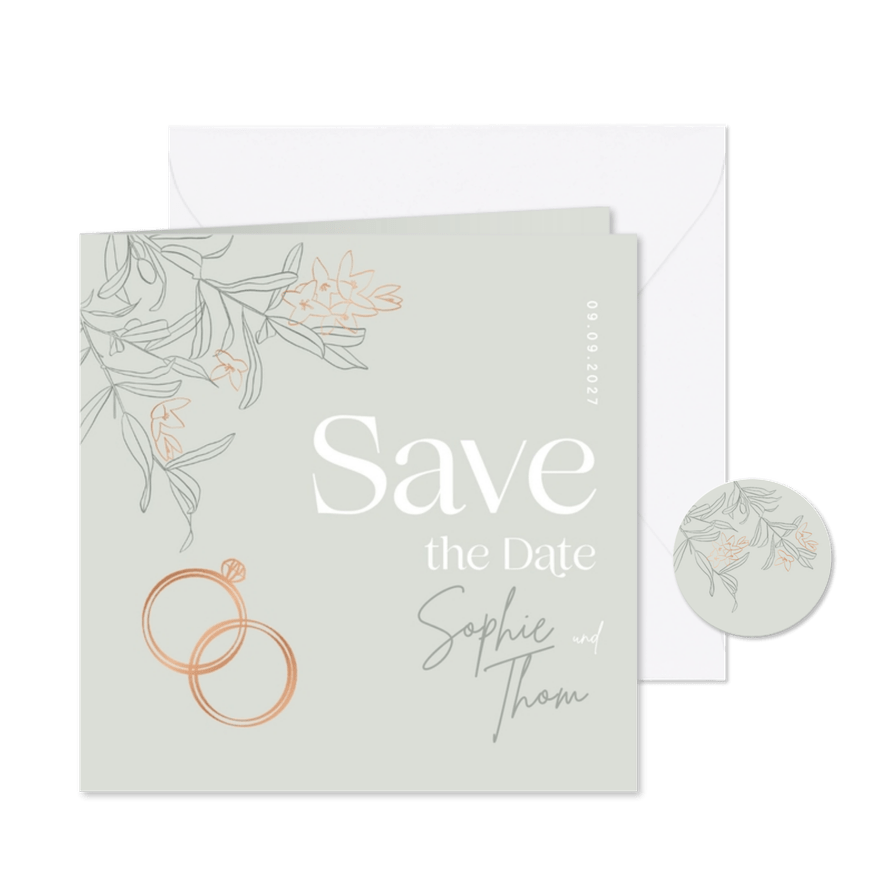 Save-the-Date-Karte Blüten & Ringe kupfer - Karteneindruck
