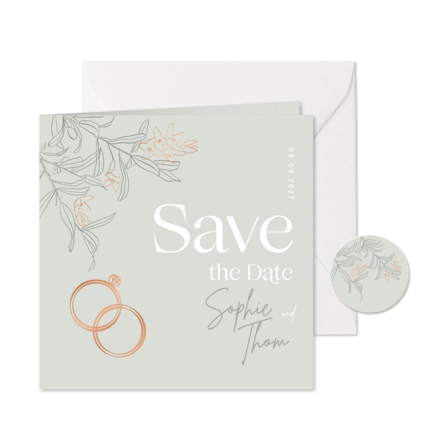 Save-the-Date-Karte Blüten & Ringe kupfer - Karteneindruck
