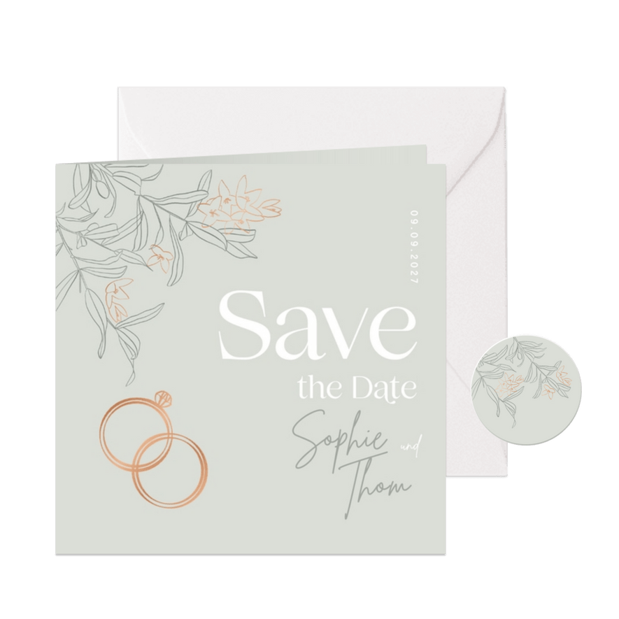 Save-the-Date-Karte Blüten & Ringe kupfer - Karteneindruck
