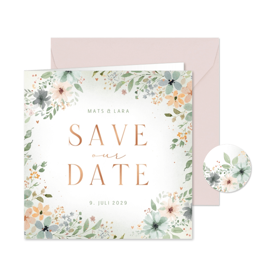 Save-The-Date-Karte Blumenranken Aquarell - Kartenvorschau