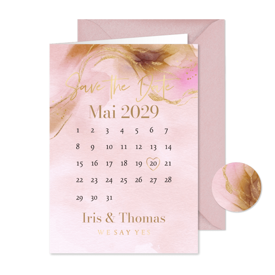 Save-The-Date-Karte Bohemian Aquarell-Goldlook - Kartenvorschau