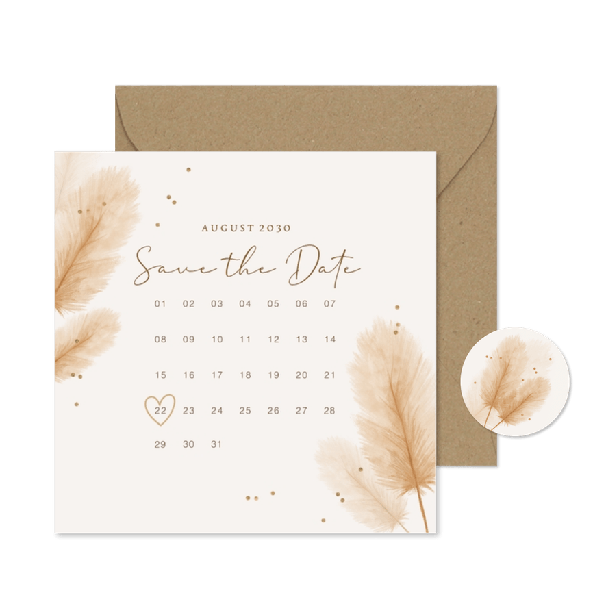 Save-the-Date-Karte Boho Kalender Pampasgras - Kartenvorschau