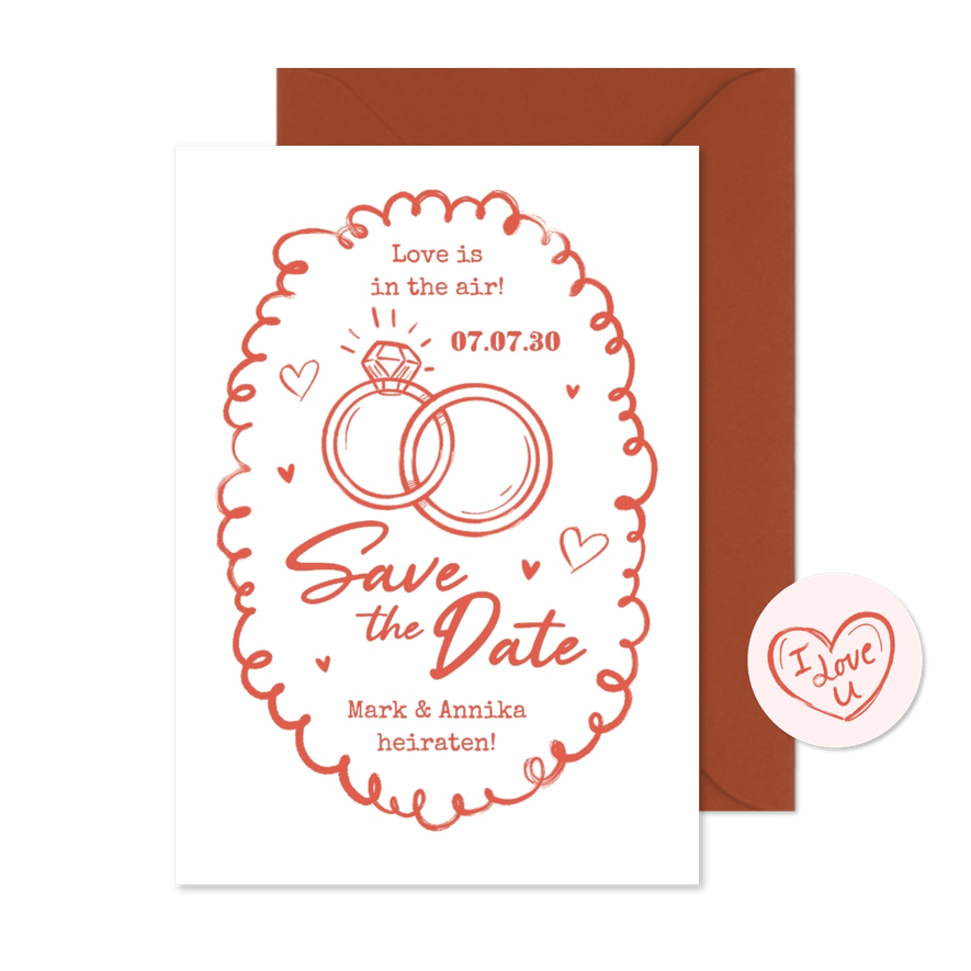 Save the Date Karte Doodles mit Ringen - Karteneindruck