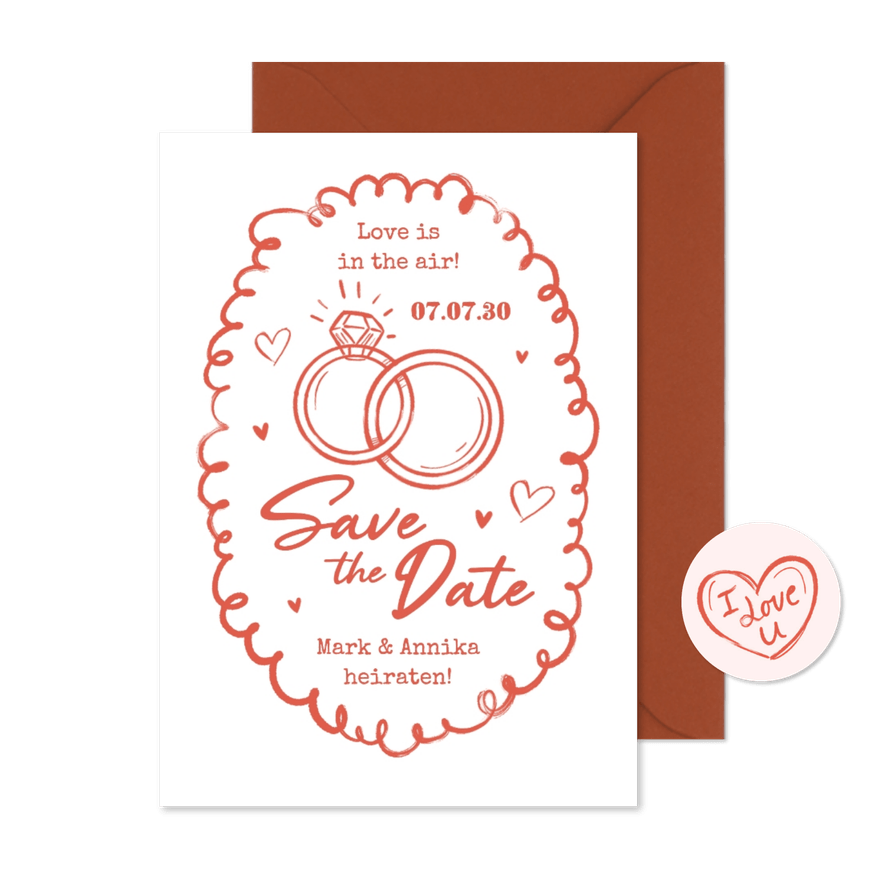 Save the Date Karte Doodles mit Ringen - Kartenvorschau