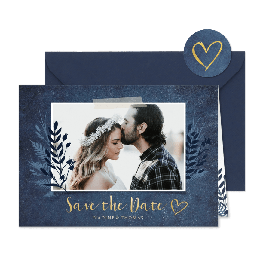 Save-the-Date-Karte dunkelblau Pflanzen und Foto - Karteneindruck
