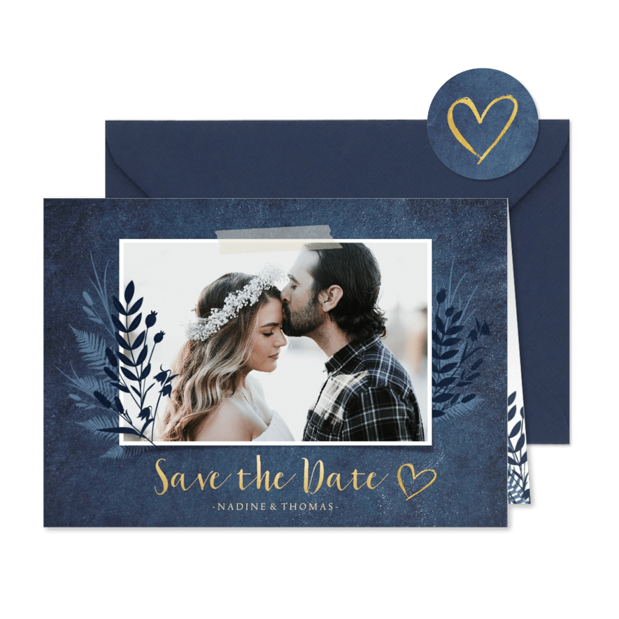 Save-the-Date-Karte dunkelblau Pflanzen und Foto - Karteneindruck
