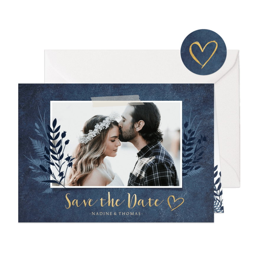 Save-the-Date-Karte dunkelblau Pflanzen und Foto - Karteneindruck
