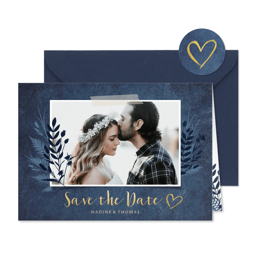 Save-the-Date-Karte dunkelblau Pflanzen und Foto - Kartenvorschau
