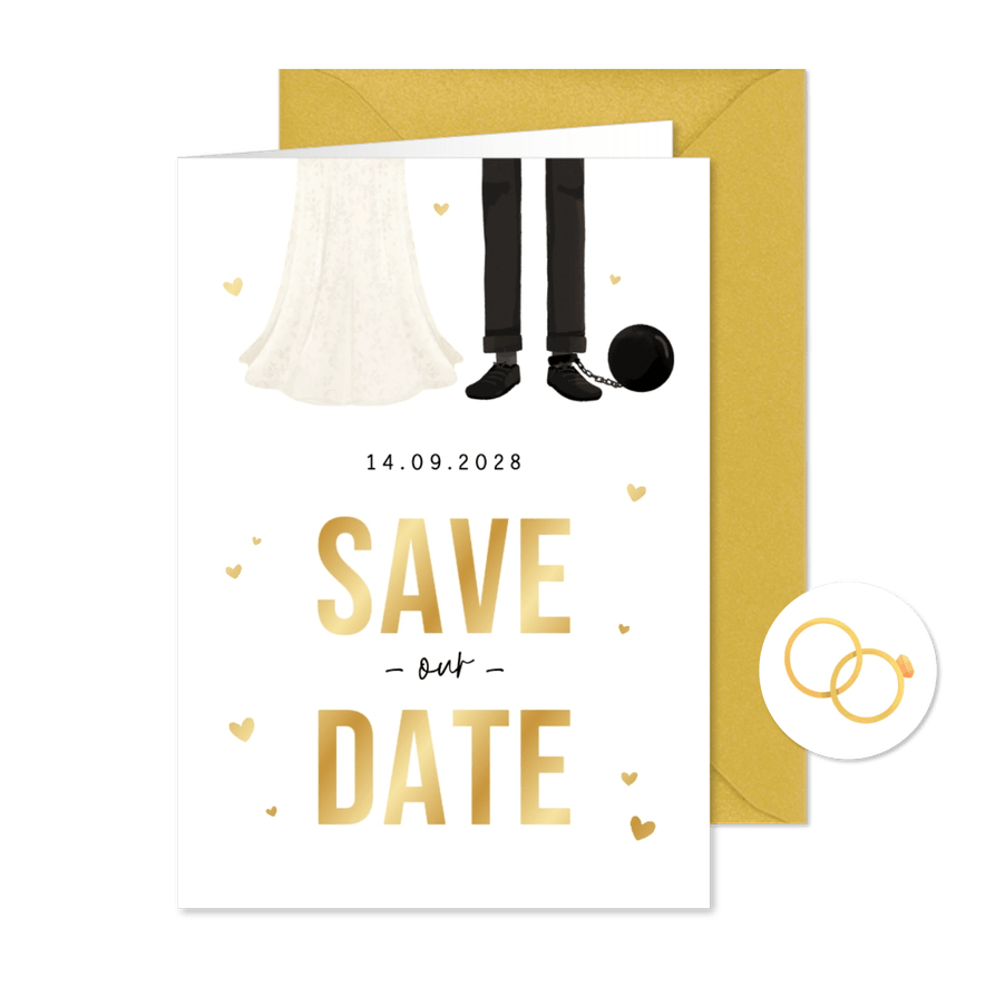 Save-the-Date-Karte Ehepaar Fußfessel Golddruck - Kartenvorschau
