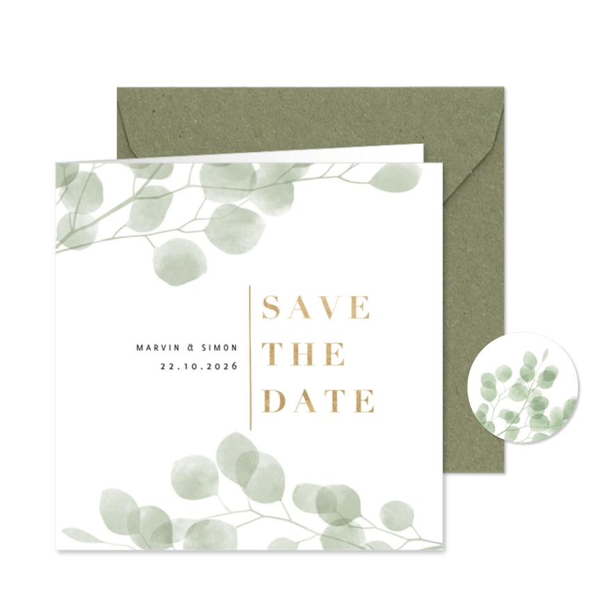 Save-the-Date-Karte eleganter Eukalyptus Foto innen - Kartenvorschau