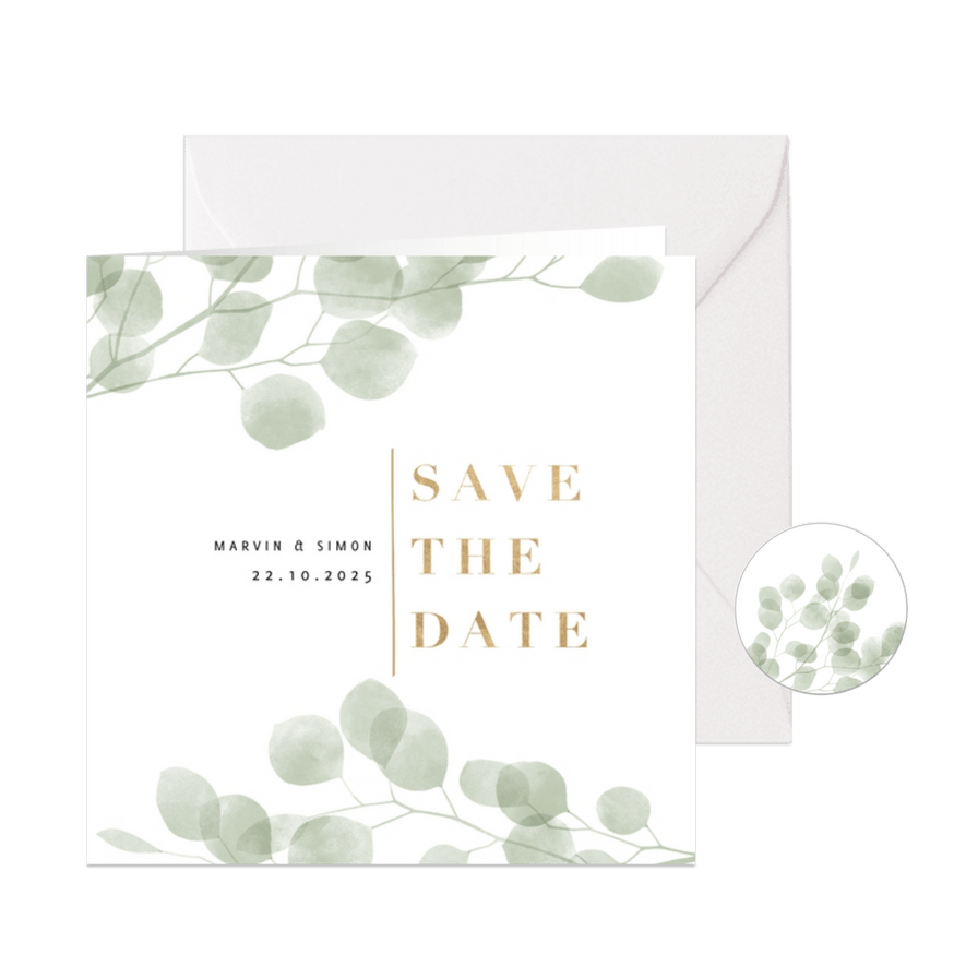 Save-the-Date-Karte eleganter Eukalyptus Foto innen - Karteneindruck
