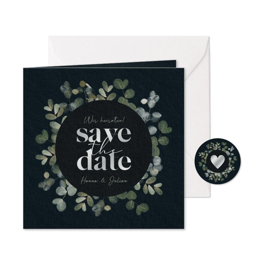 Save-the-Date-Karte Eukalyptus Schwarz & Silber - Karteneindruck
