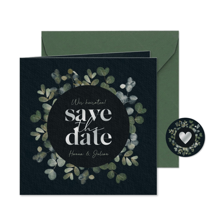 Save-the-Date-Karte Eukalyptus Schwarz & Silber - Karteneindruck
