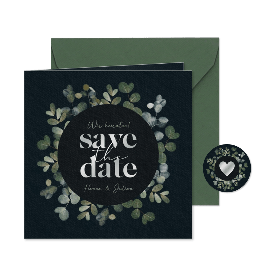 Save-the-Date-Karte Eukalyptus Schwarz & Silber - Kartenvorschau