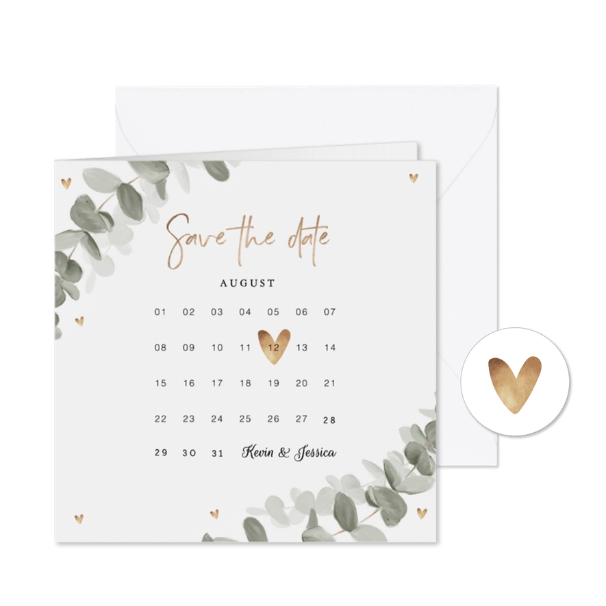 Save-the-Date-Karte Eukalyptusblatt Kalender - Karteneindruck
