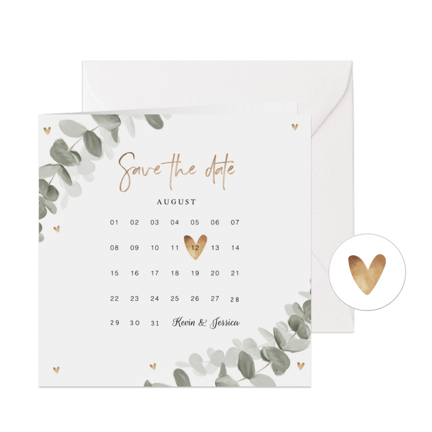 Save-the-Date-Karte Eukalyptusblatt Kalender - Karteneindruck
