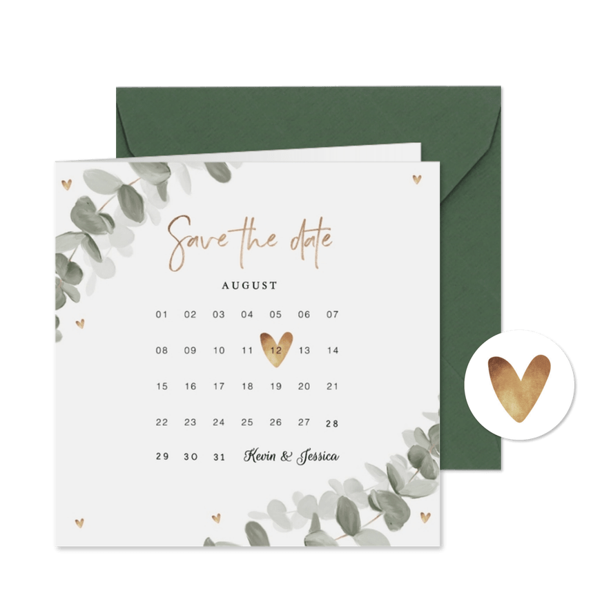 Save-the-Date-Karte Eukalyptusblatt Kalender - Kartenvorschau