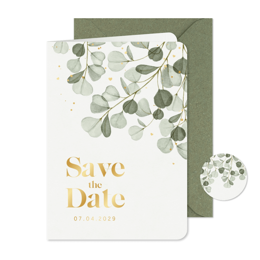 Save-The-Date-Karte Eukalyptuszweige & Gold - Karteneindruck