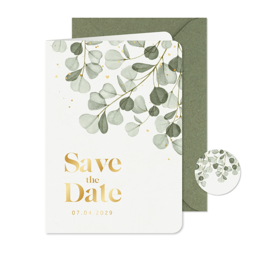 Save-The-Date-Karte Eukalyptuszweige & Gold - Karteneindruck