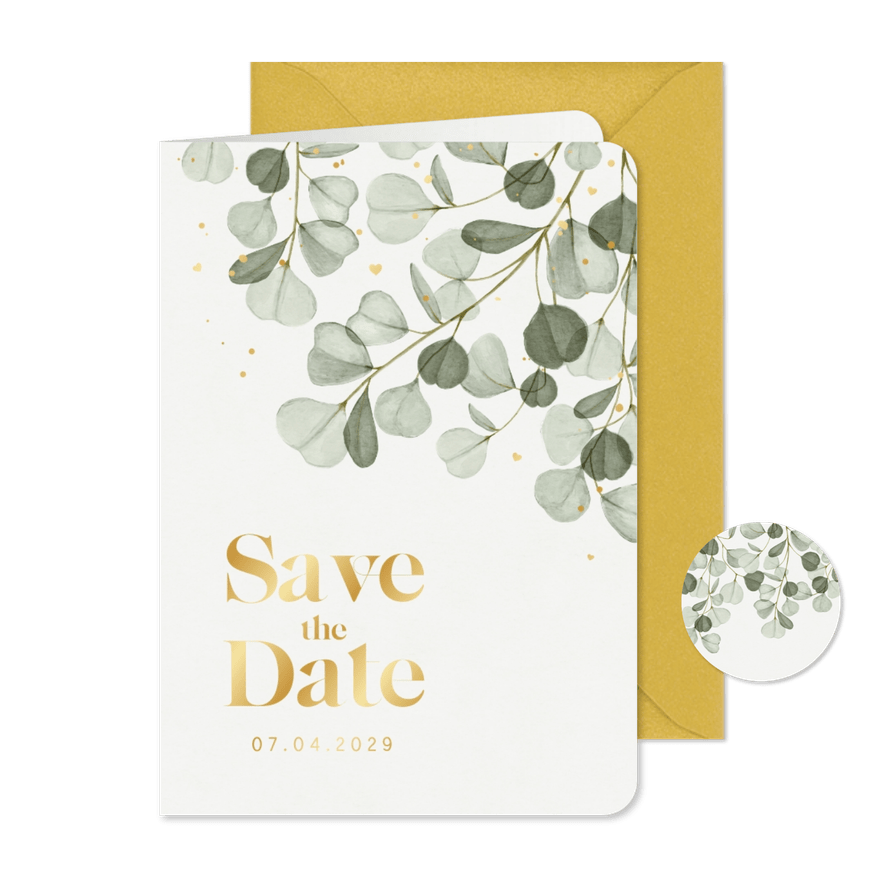 Save-The-Date-Karte Eukalyptuszweige & Gold - Karteneindruck
