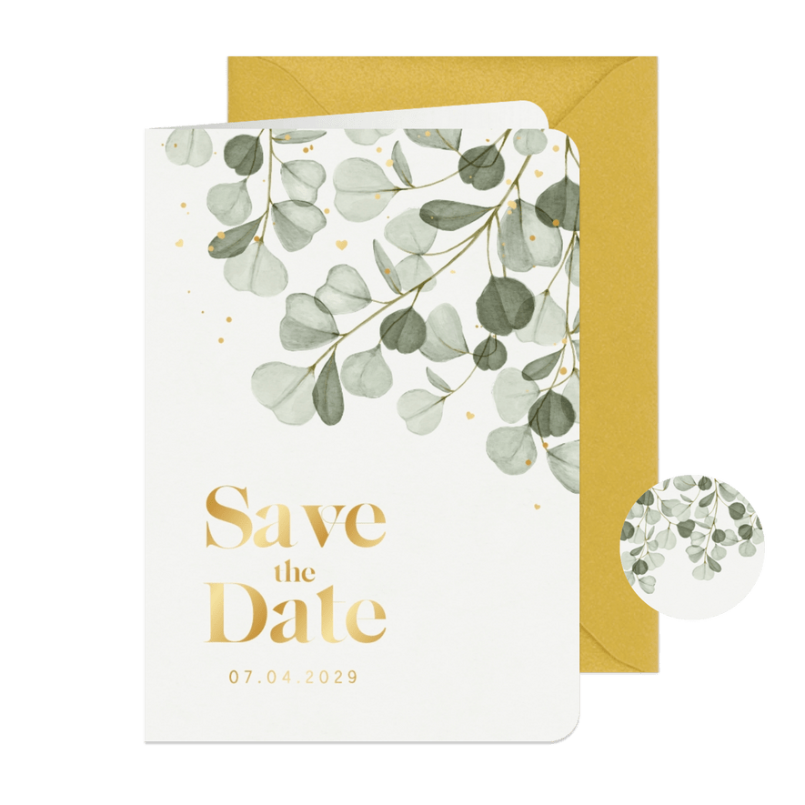 Save-The-Date-Karte Eukalyptuszweige & Gold - Karteneindruck
